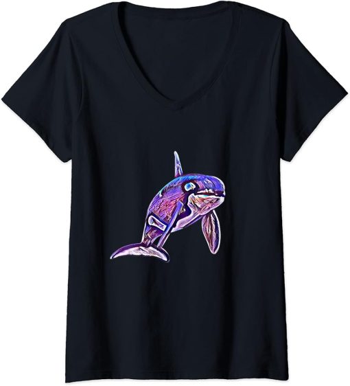 Womens Orca Motif Whale Ocean Predator Animals Design Orcas V-Neck T-Shirt