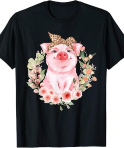 Pig With Leopard Headband Flower Tshirt Cute Pig Lover Gifts T-Shirt