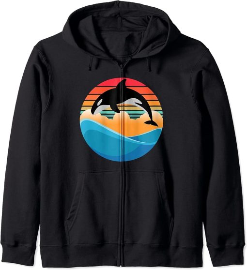 Orca killer Whale Jump in Vintage and Retro Sunset and Sea Zip Hoodie