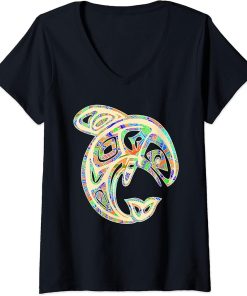 Womens Native American Totem ORCA Killer Whale Pop Art 4 - Faun V-Neck T-Shirt