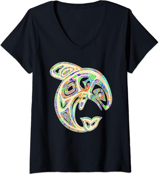 Womens Native American Totem ORCA Killer Whale Pop Art 4 - Faun V-Neck T-Shirt
