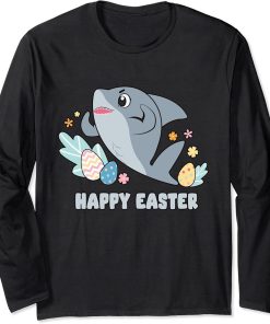 Cute Happy Easter Day Egg Hunt Boys Girls Kids Orca Shark Long Sleeve T-Shirt