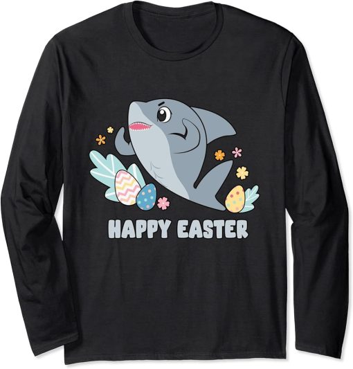 Cute Happy Easter Day Egg Hunt Boys Girls Kids Orca Shark Long Sleeve T-Shirt