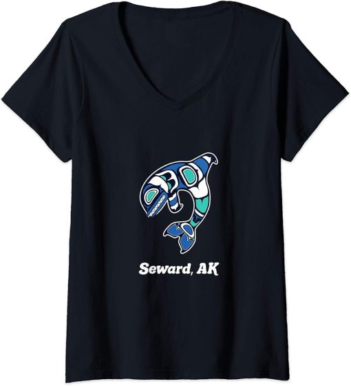 Womens Seward AK Native American Tribal Orca Killer Whale V-Neck T-Shirt